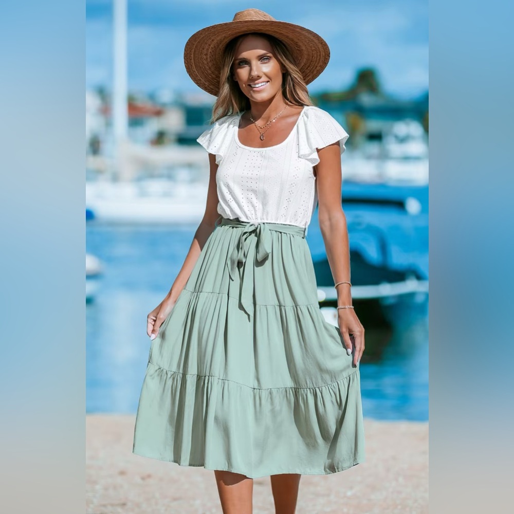 Cupshe White and Green Tiered Midi Sundress with Tie Front